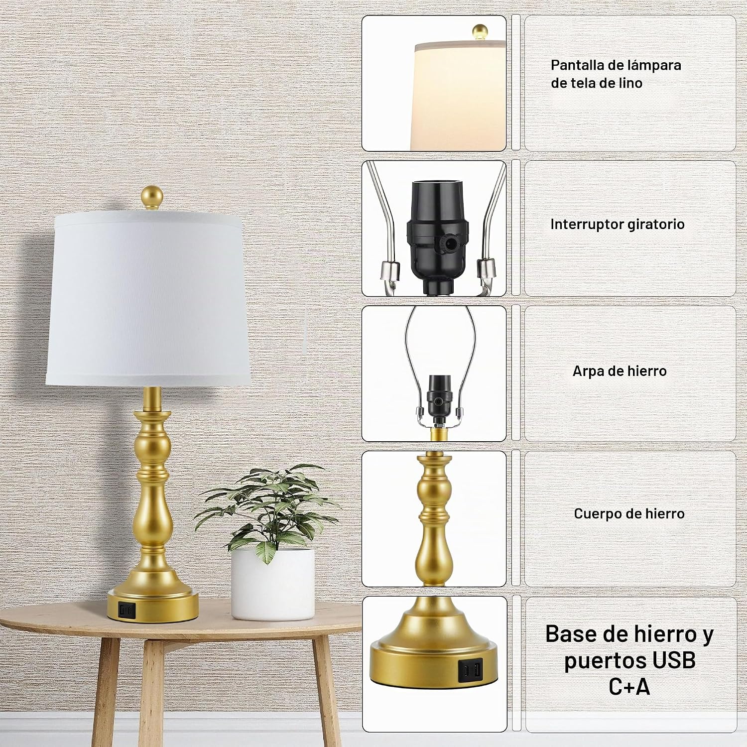 Leasgy Juego de 2 lámparas de mesa doradas, lámparas doradas para |...