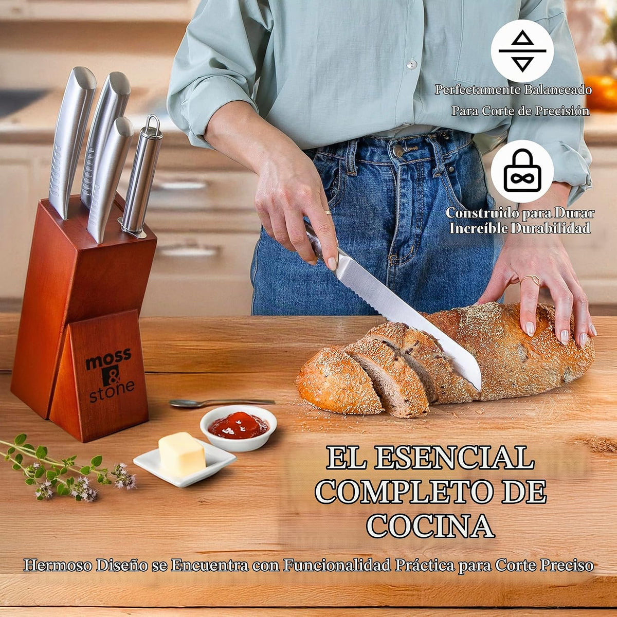 Moss &amp; Stone Juego de cuchillos de cocina profesional, juego de...