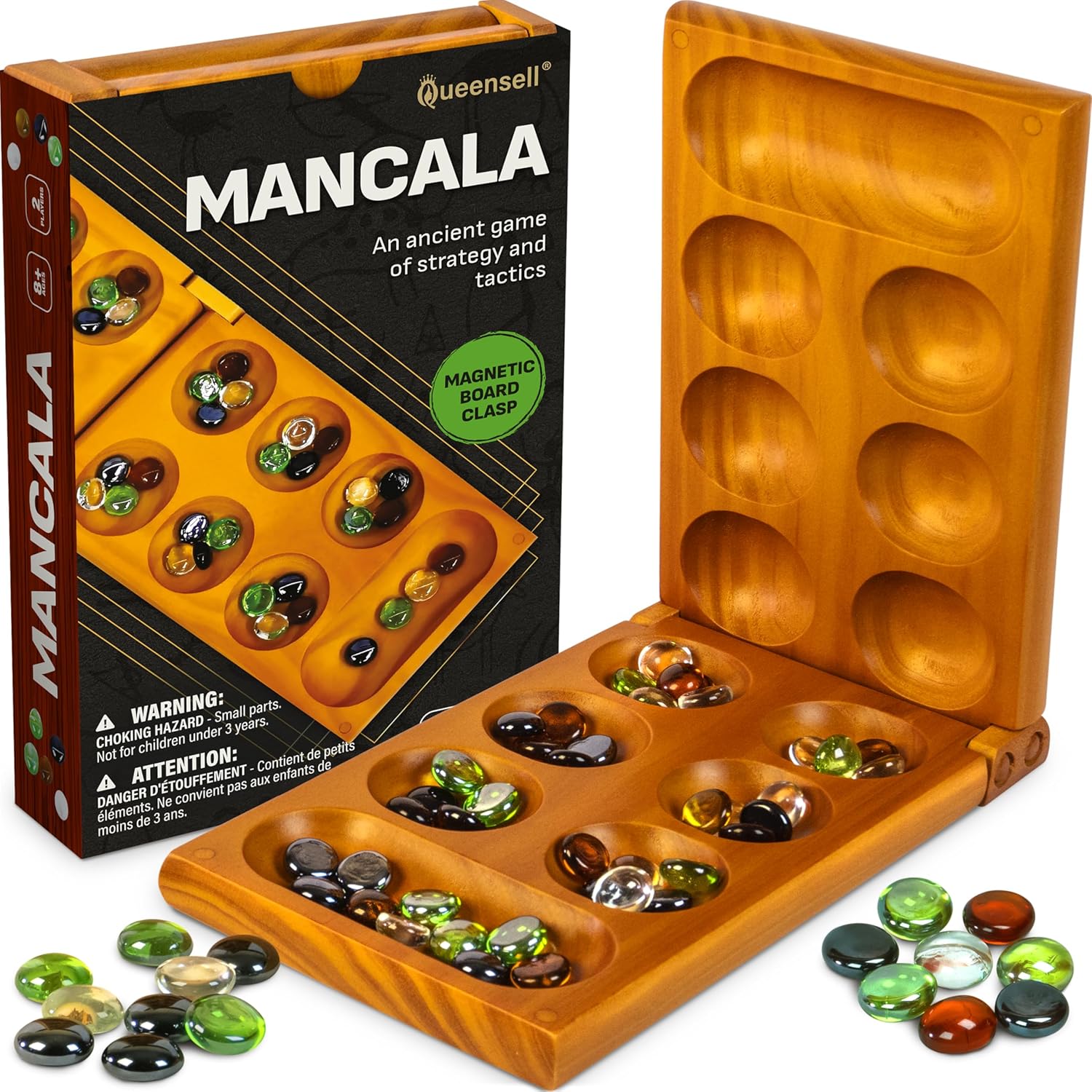 Mancala - Juego de mesa con bloqueo magnético, juego plegable clásico para 2 jugadores, juego de mancala de madera con 56 guijarros de cristal, juego de Mancala para niños y adultos