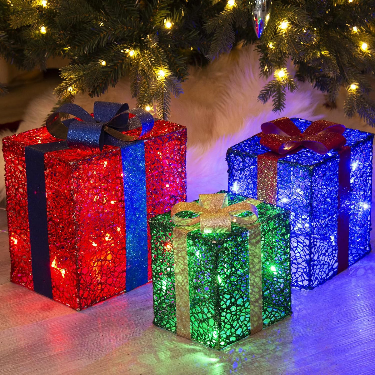 PEIDUO Cajas de regalo iluminadas de Navidad, juego de 3, decoracio...