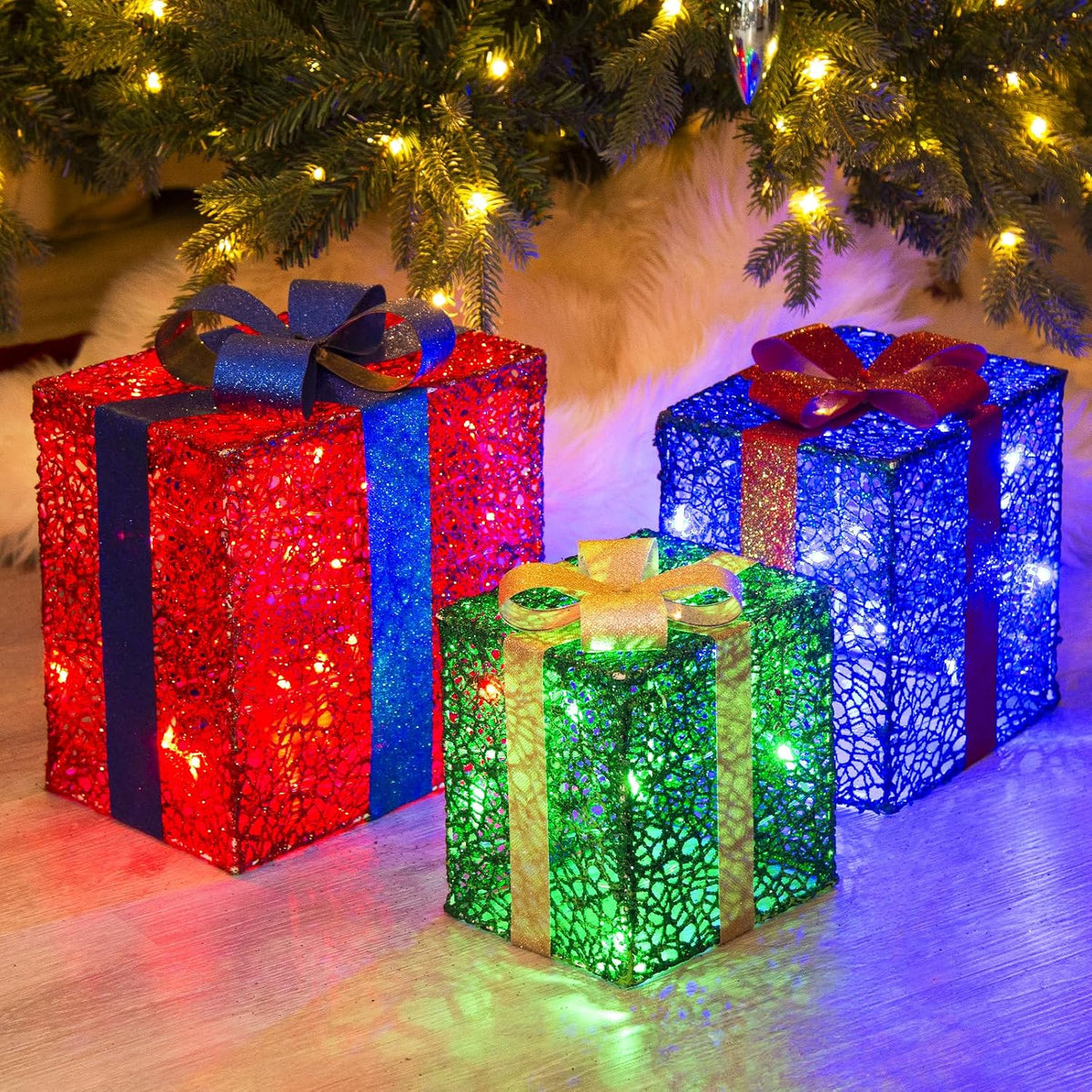 PEIDUO Cajas de regalo iluminadas de Navidad, juego de 3, decoracio...