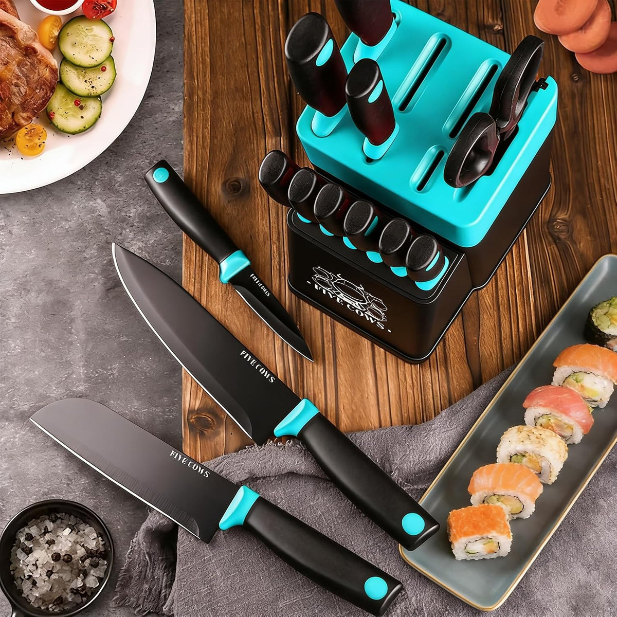 Juego de 14 cuchillos de cocina con afilador alemán de acero inoxid...