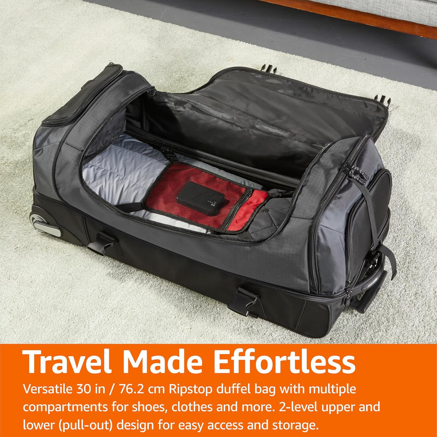 Amazon Basics - Bolsa de viaje con ruedas de Ripstop, Negro