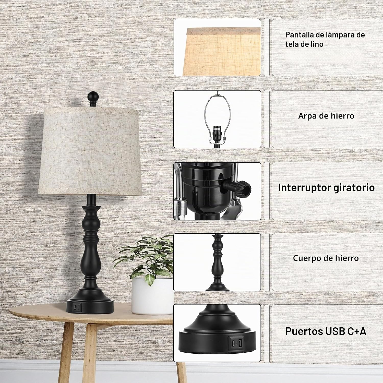 Leasgy Juego de 2 lámparas de mesa negras, lámparas negras para dor...