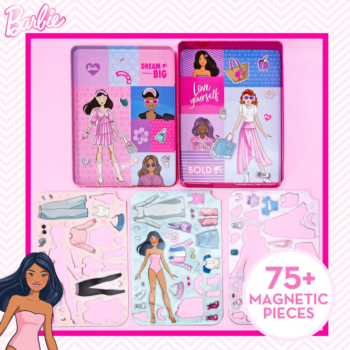 Barbie D.I.Y. Juego magnético de 75 piezas, 3 muñecas magnéticas, m...