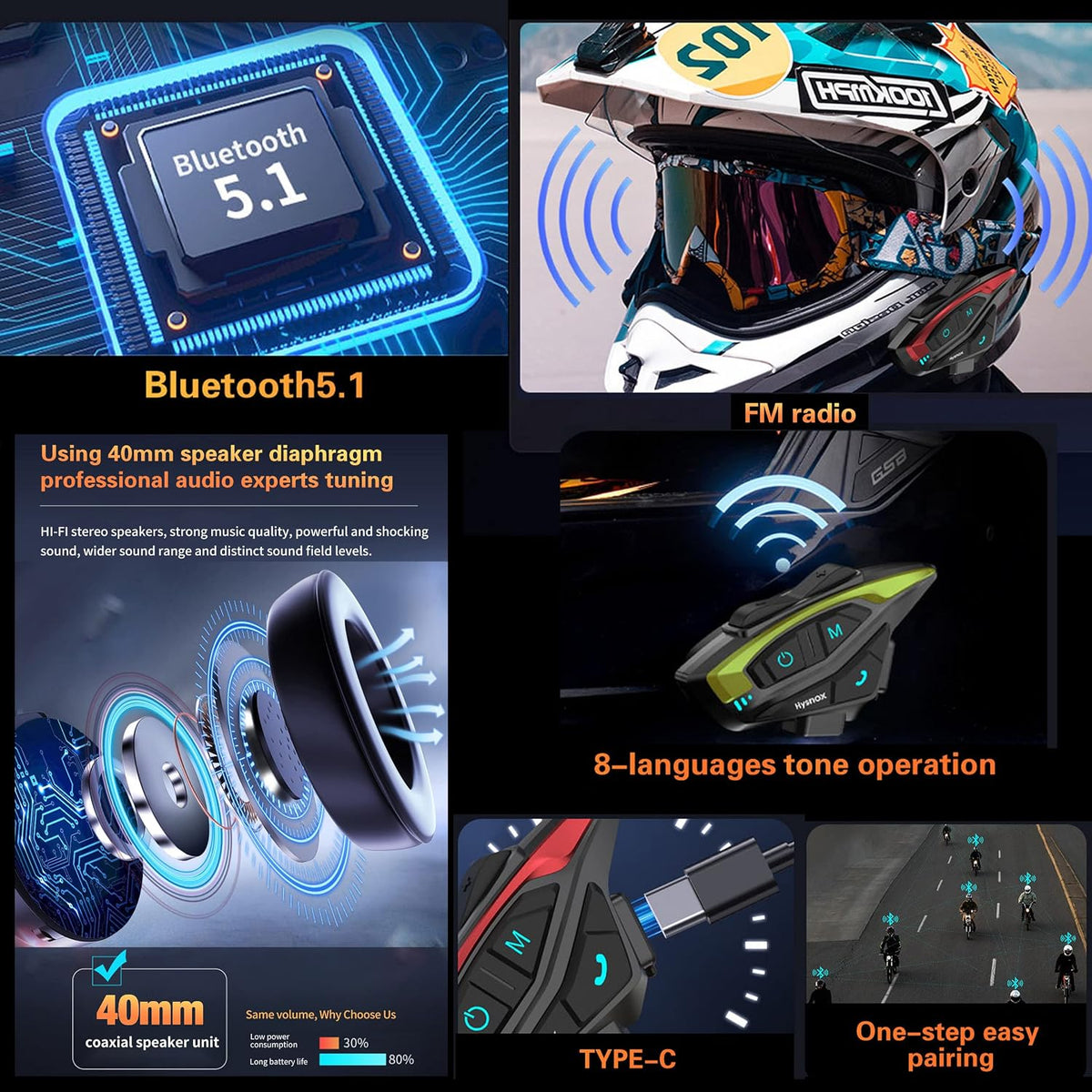 Kit de intercomunicador Bluetooth para casco de motocicleta, casco...