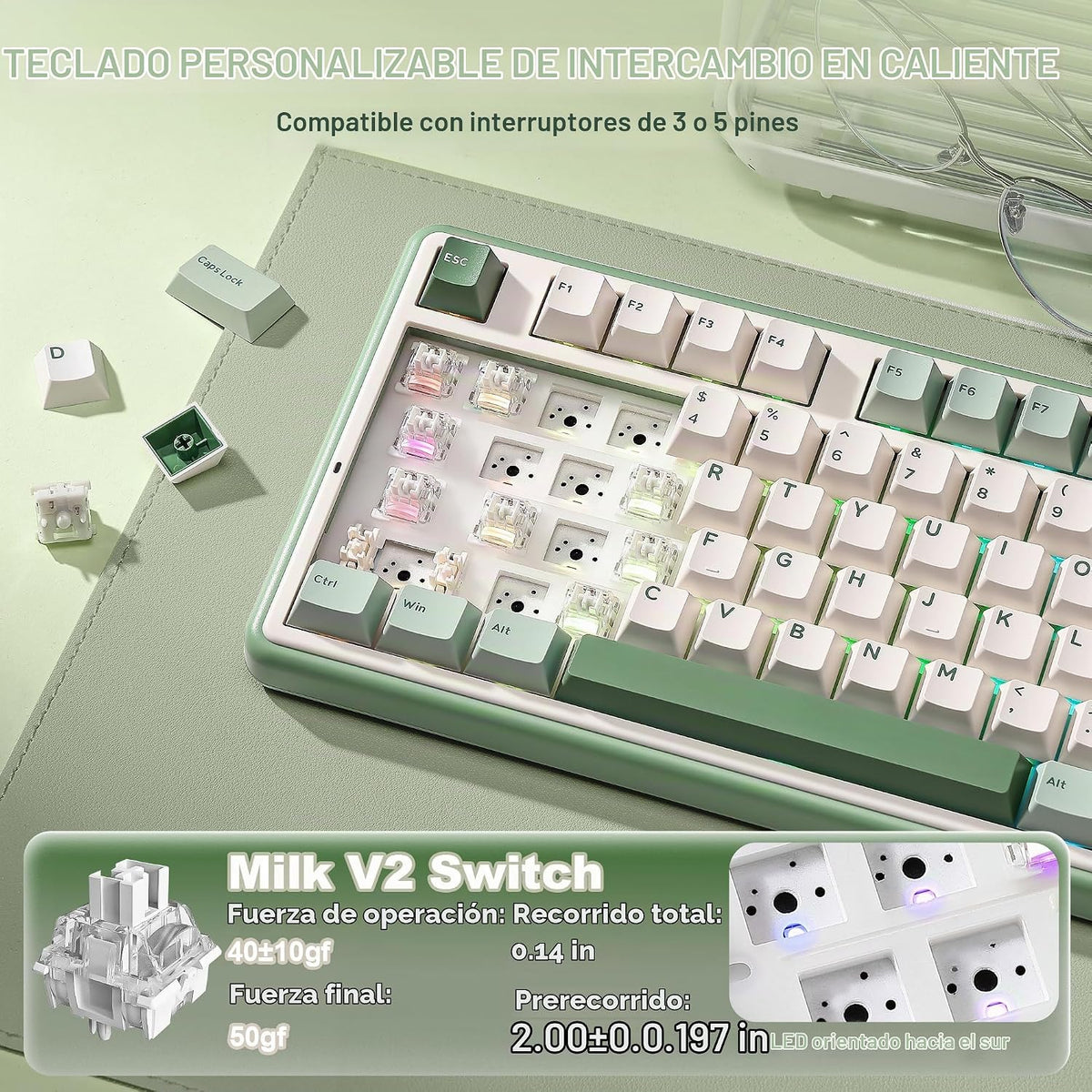 YUNZII Teclado mecánico inalámbrico B98 PRO 96% (verde mate, interr...