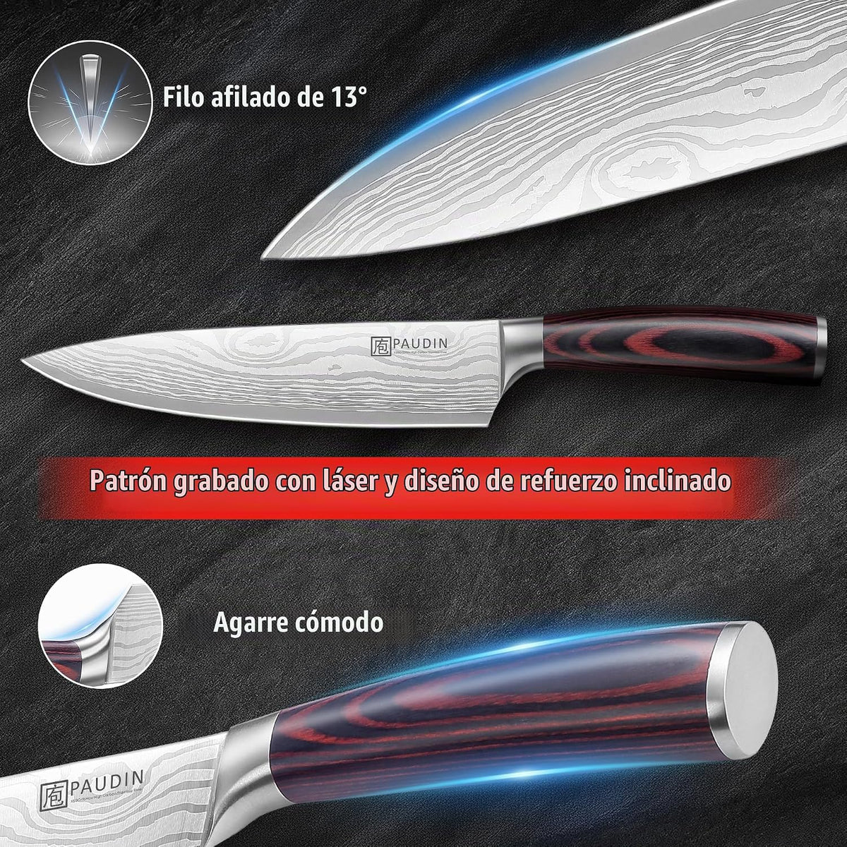 PAUDIN Cuchillo de chef, cuchillo de cocina afilado de acero inoxid...