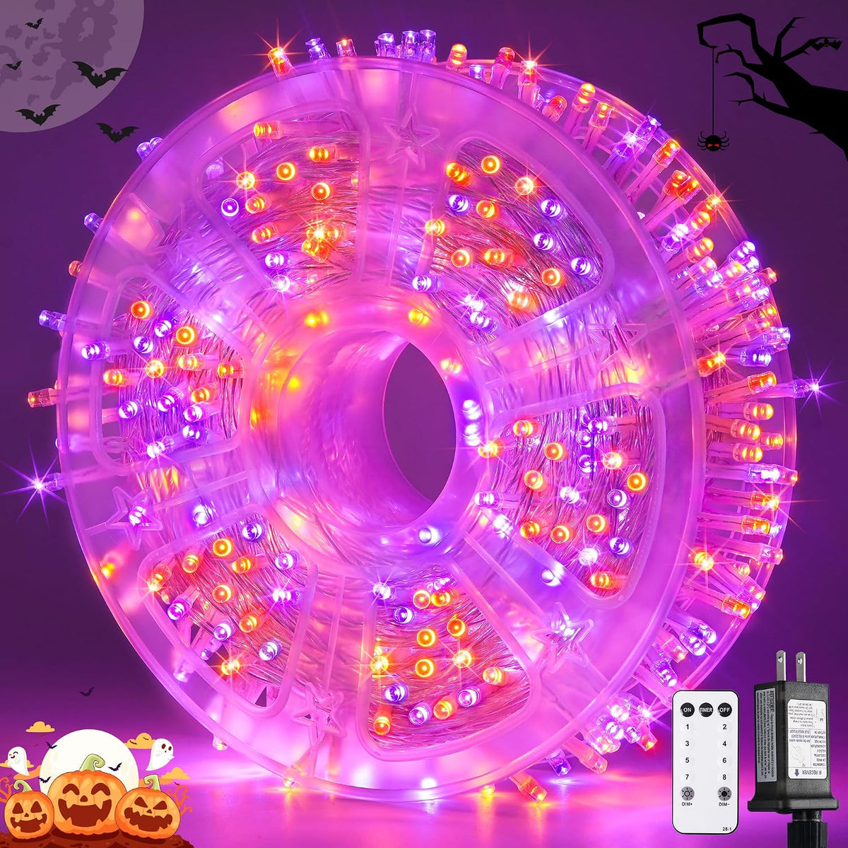 JMEXSUSS 400 luces LED naranja y morado de Halloween para interiore...