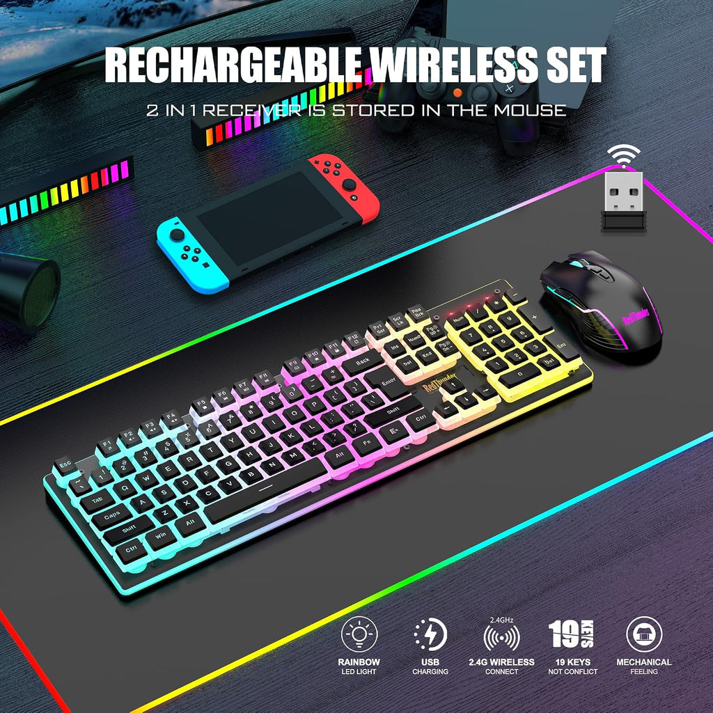 RedThunder K10 Combo de teclado y mouse inalámbricos para juegos, b...