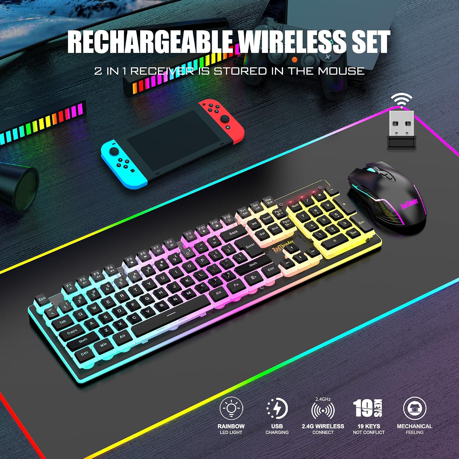 RedThunder K10 Combo de teclado y mouse inalámbricos para juegos, b...