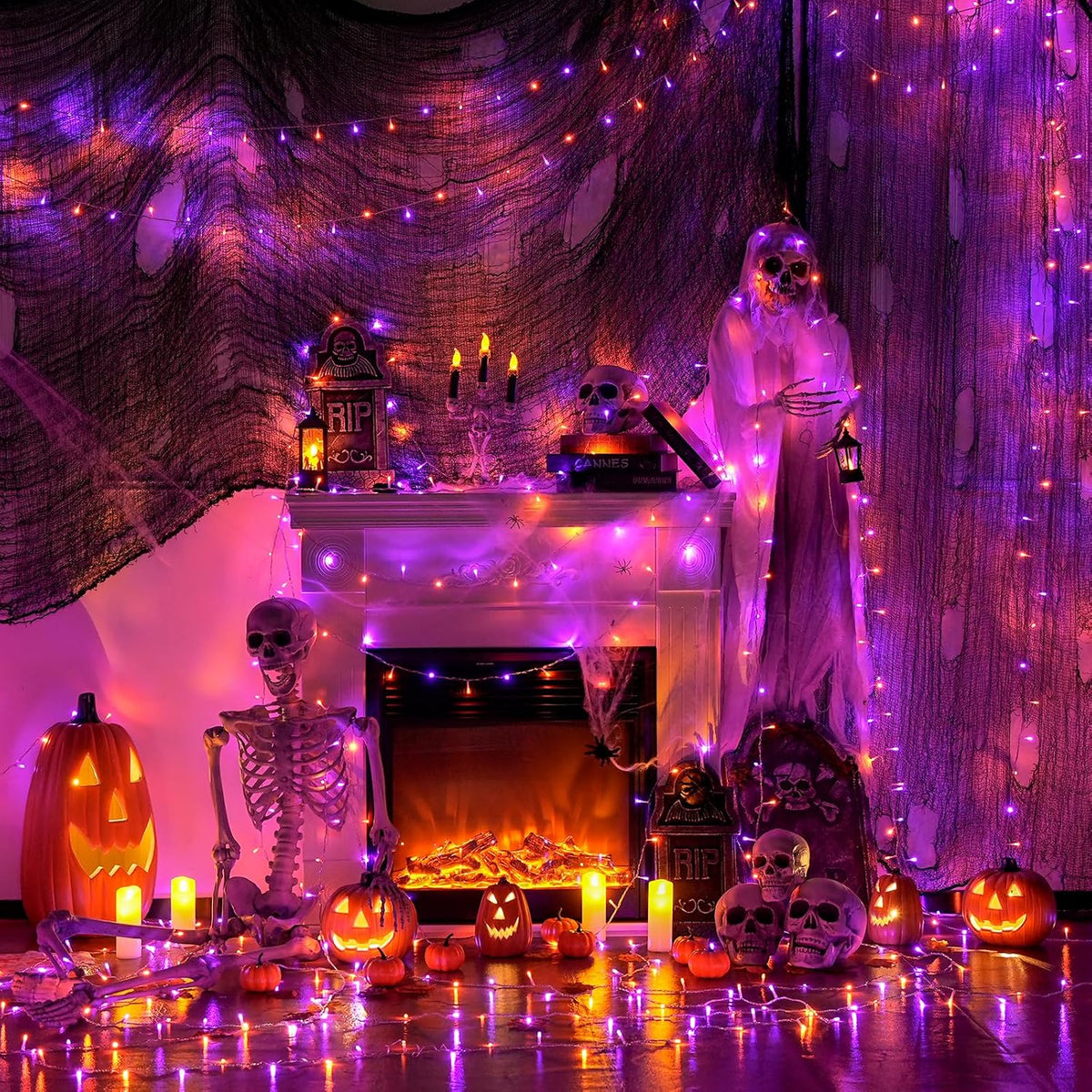 JMEXSUSS 400 luces LED naranja y morado de Halloween para interiore...