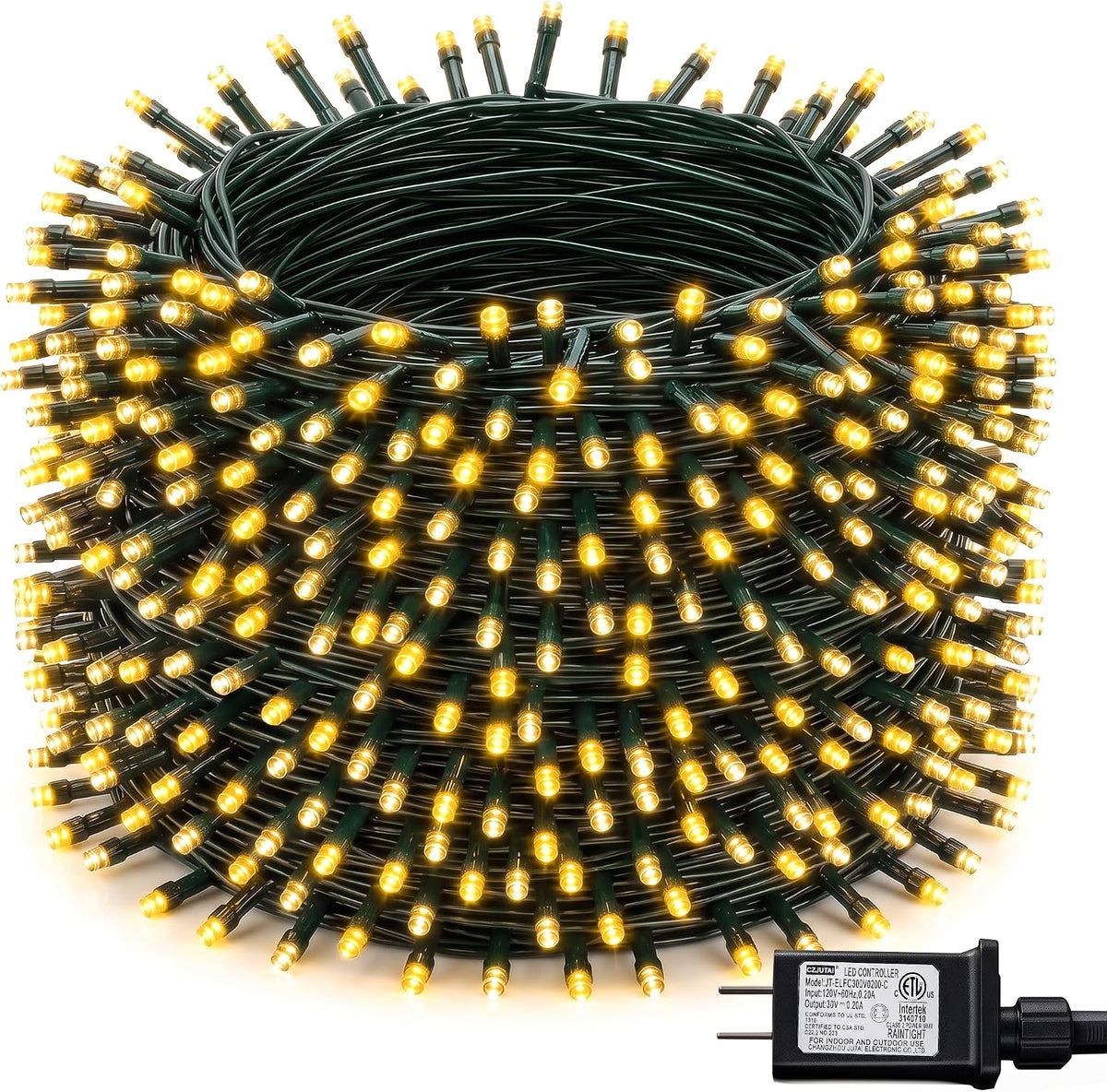 Cadena de luces navideñas brillantes, 600 LED de 196 pies, resisten...