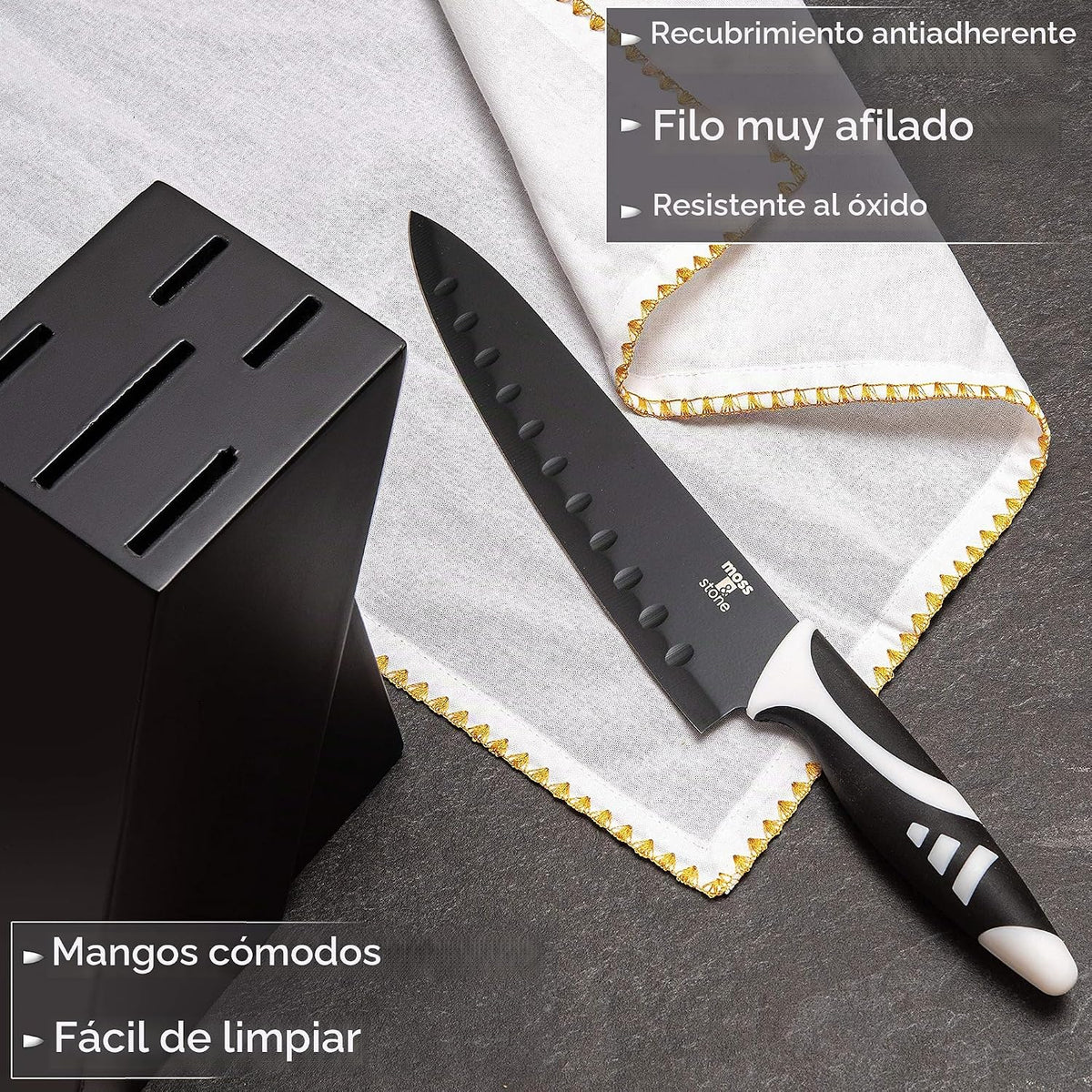 Moss &amp; Stone Juego de cuchillos de cocina de 7 piezas con bloqu...
