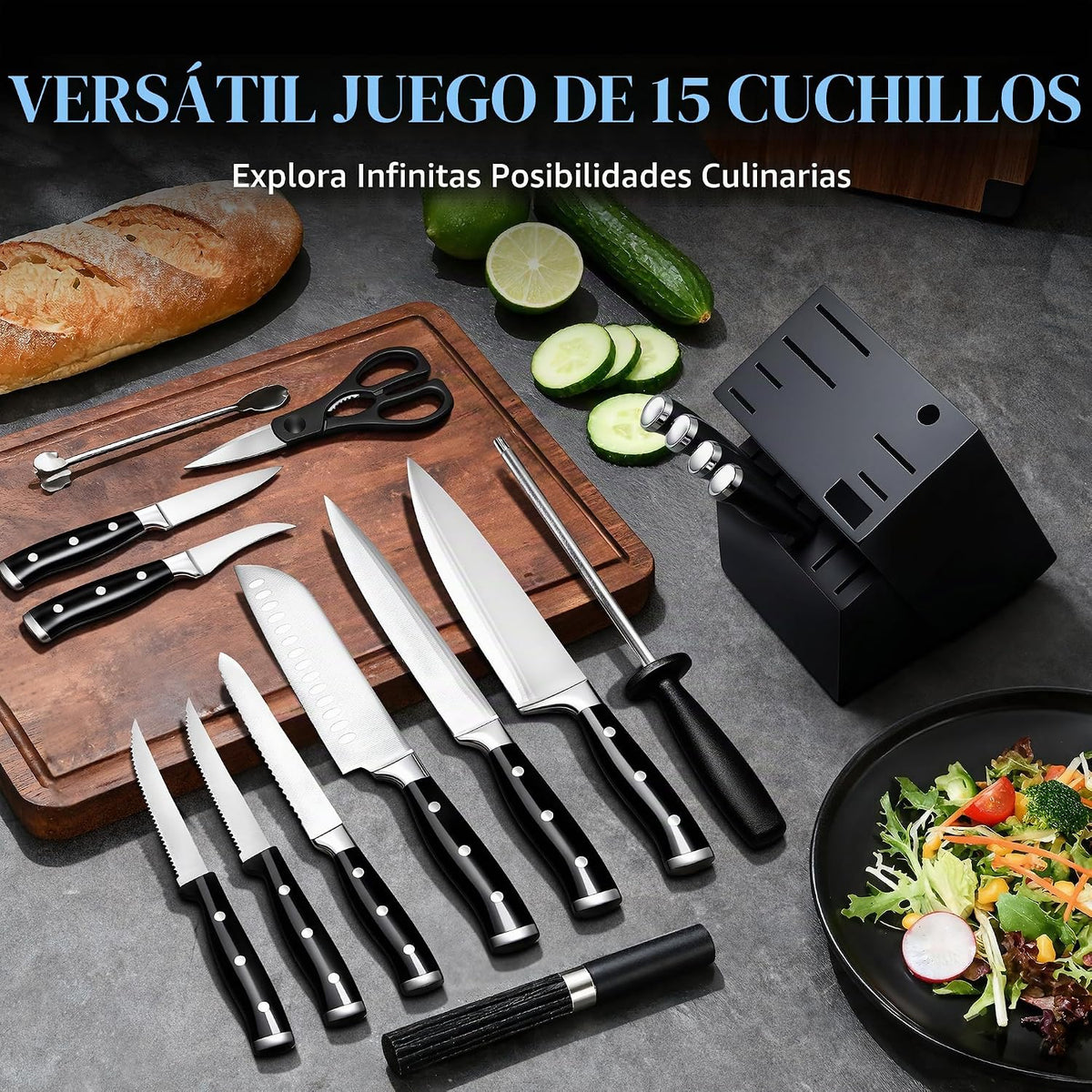 Juego de cuchillos, juego de 15 piezas de cuchillos de cocina premi...
