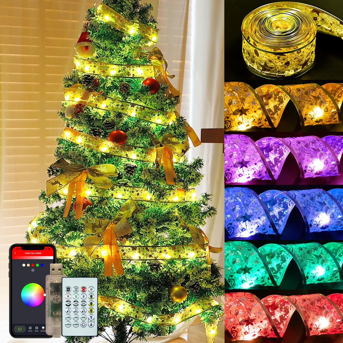 Tira de luces inteligentes para árbol de Navidad de 33 pies, 80 mod...