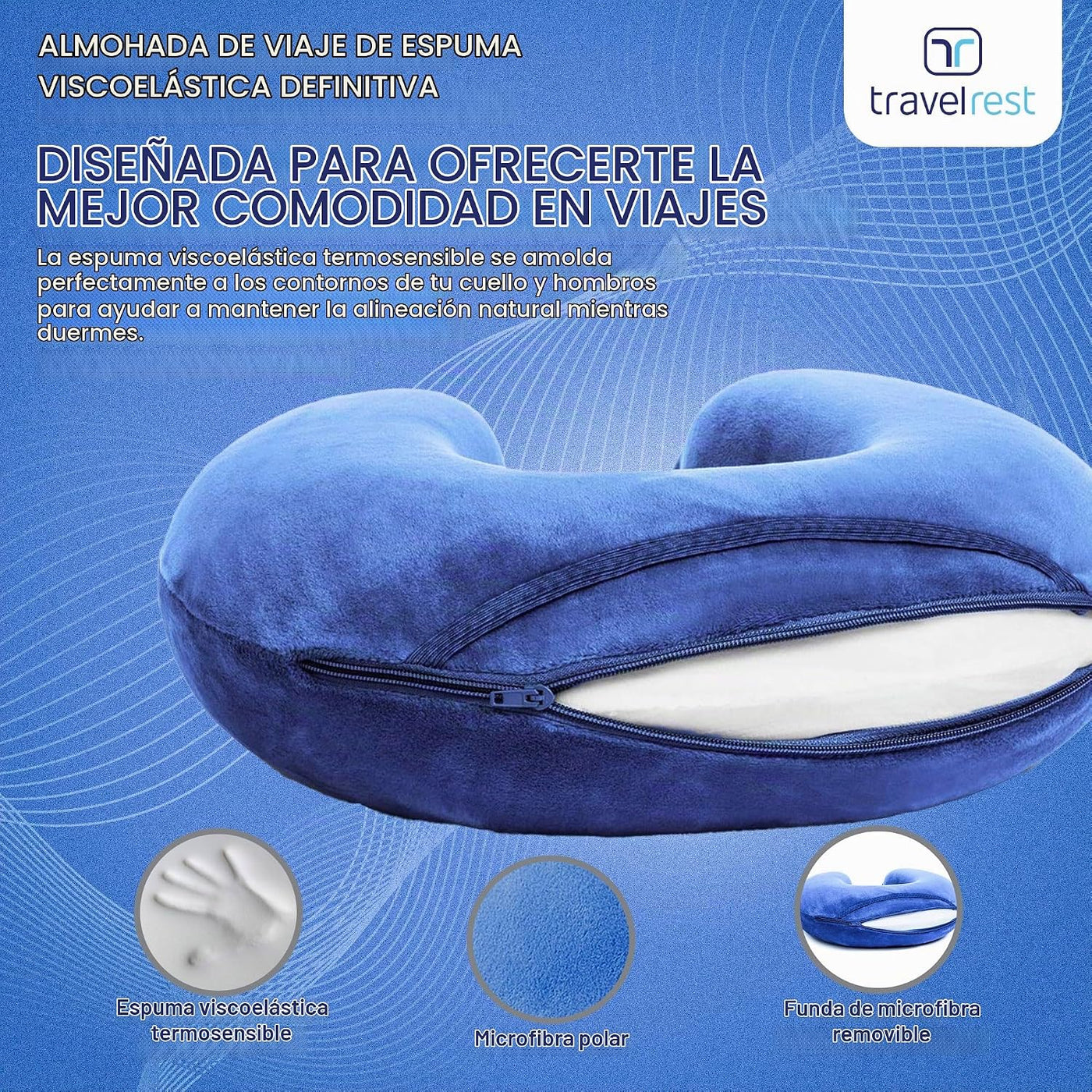 Almohada terapéutica de viaje Travelrest, viscoelástica, de felpa,...
