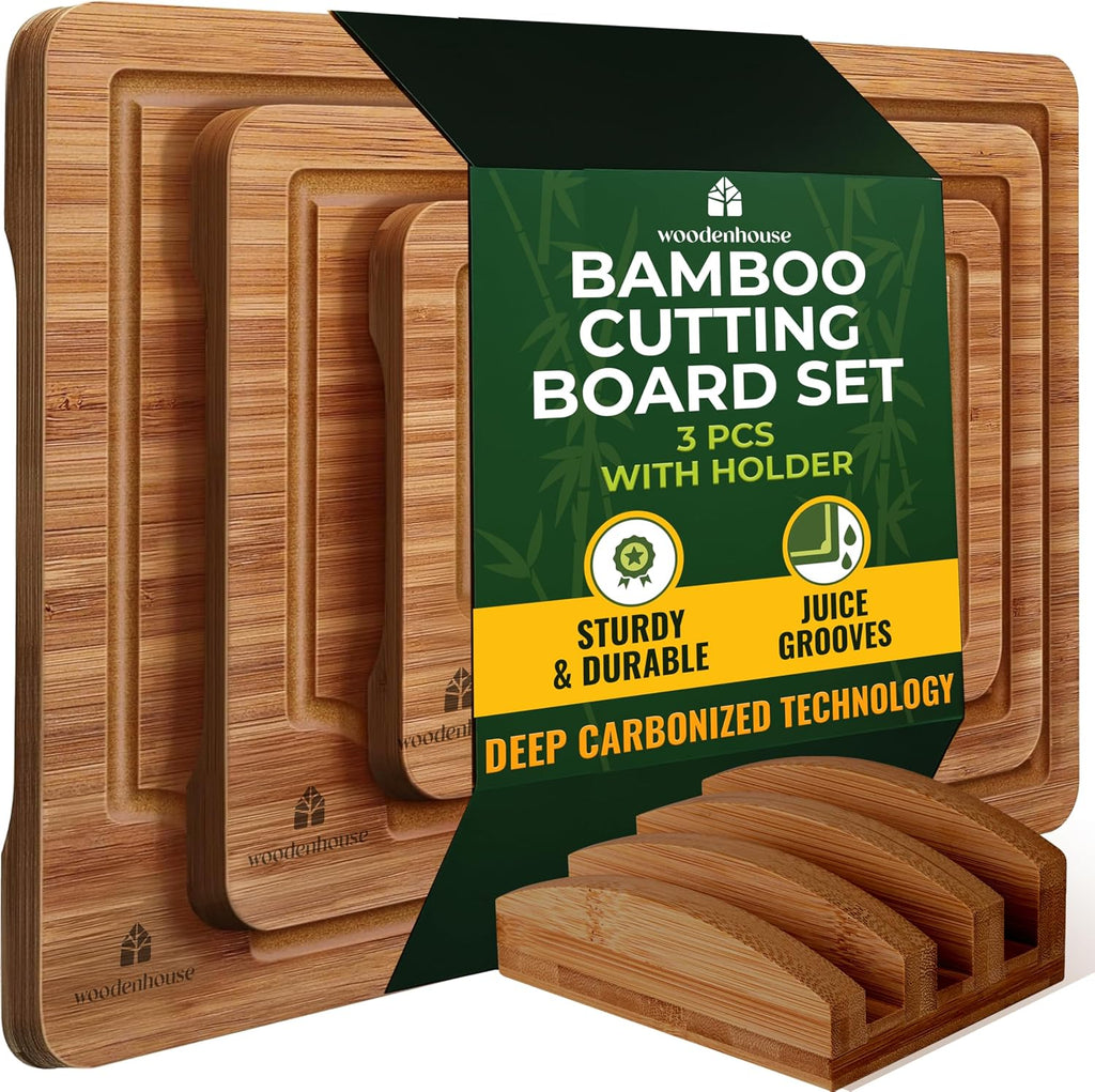Juego de 3 tablas de cortar de bambú con soporte, tablas de madera...