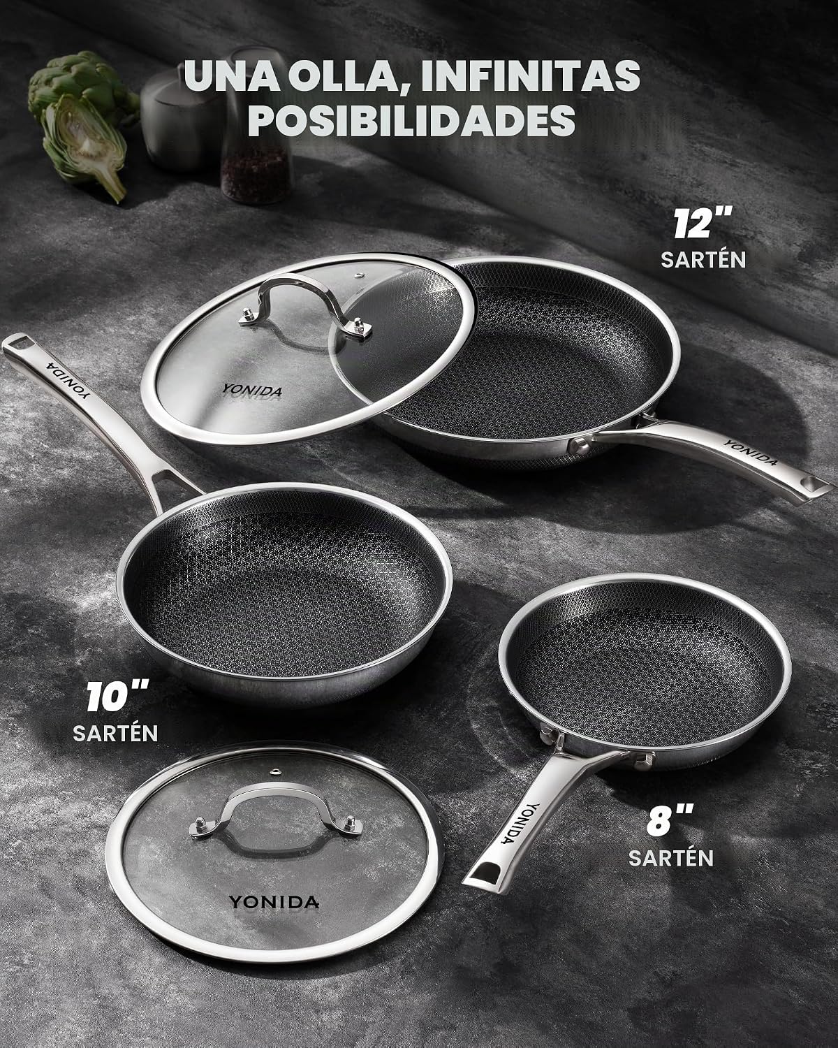 Yonida Juego de sartenes antiadherentes, 10 sartenes híbridas antia...