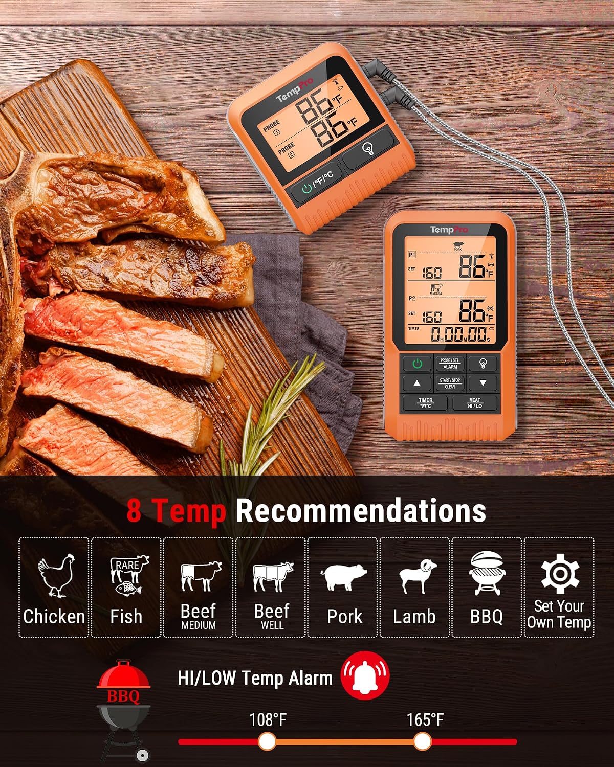TempPro TempSync Termómetro inalámbrico para carne de 500 pies para...