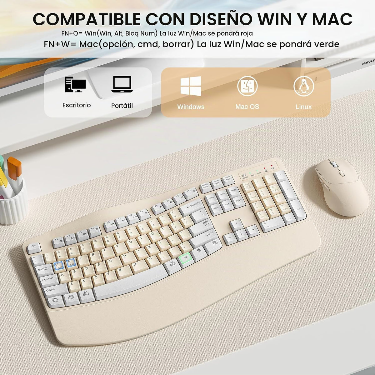 Combo ergonómico de teclado y mouse inalámbricos, teclado Wave Keys...