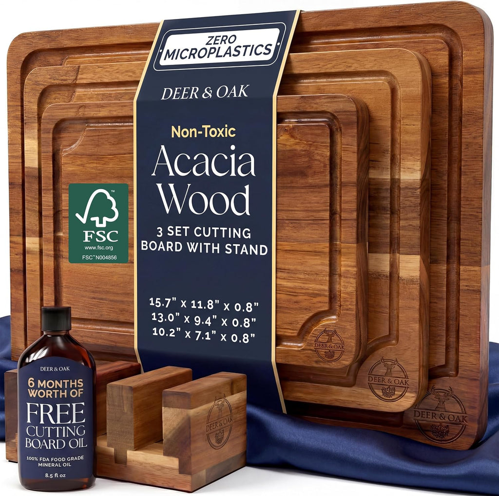 Deer &amp; Oak Juego de tablas de cortar de acacia no tóxicas de 3...