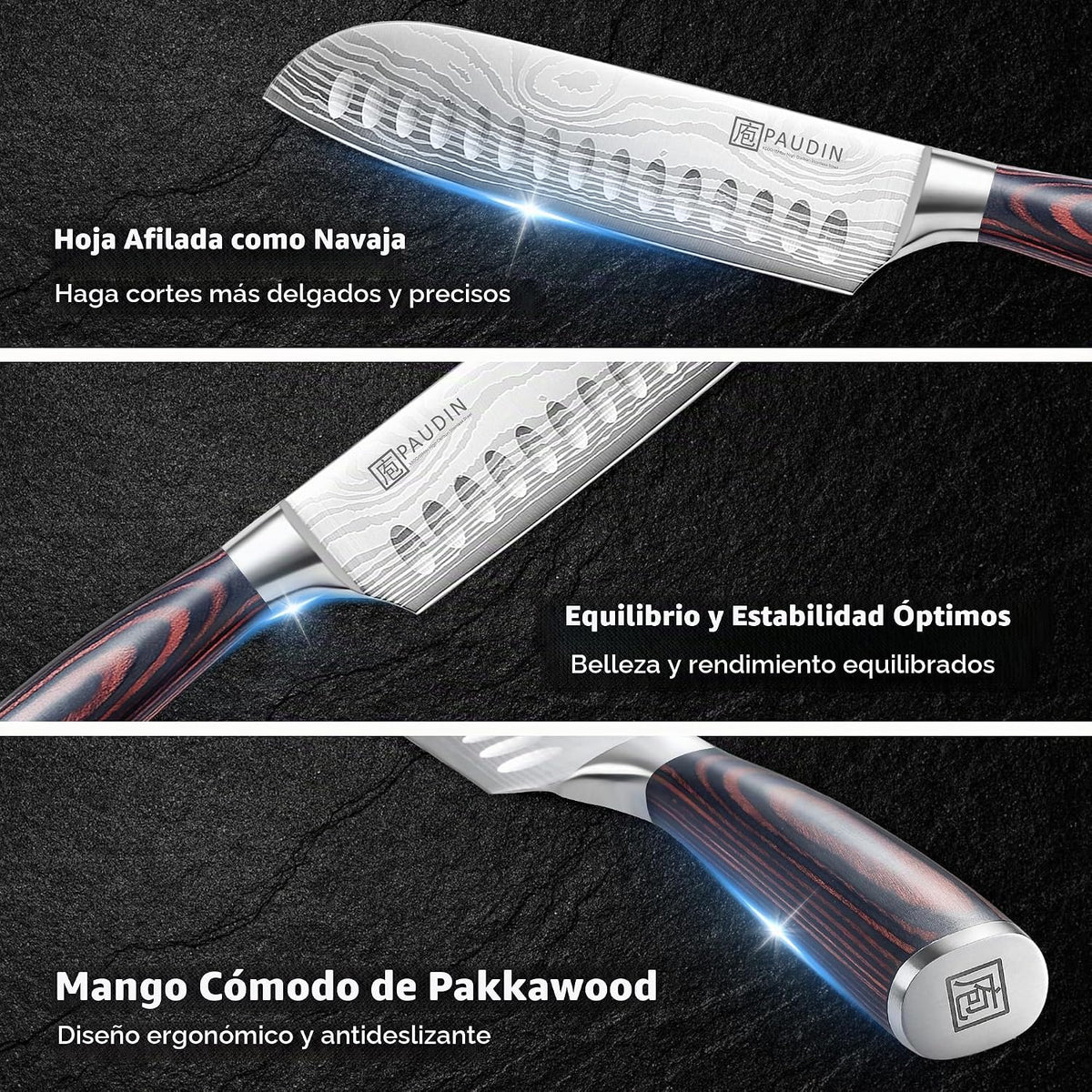 PAUDIN Cuchillo Santoku, Cuchillo de Cocina de 7 Pulgadas, Filo Ult...