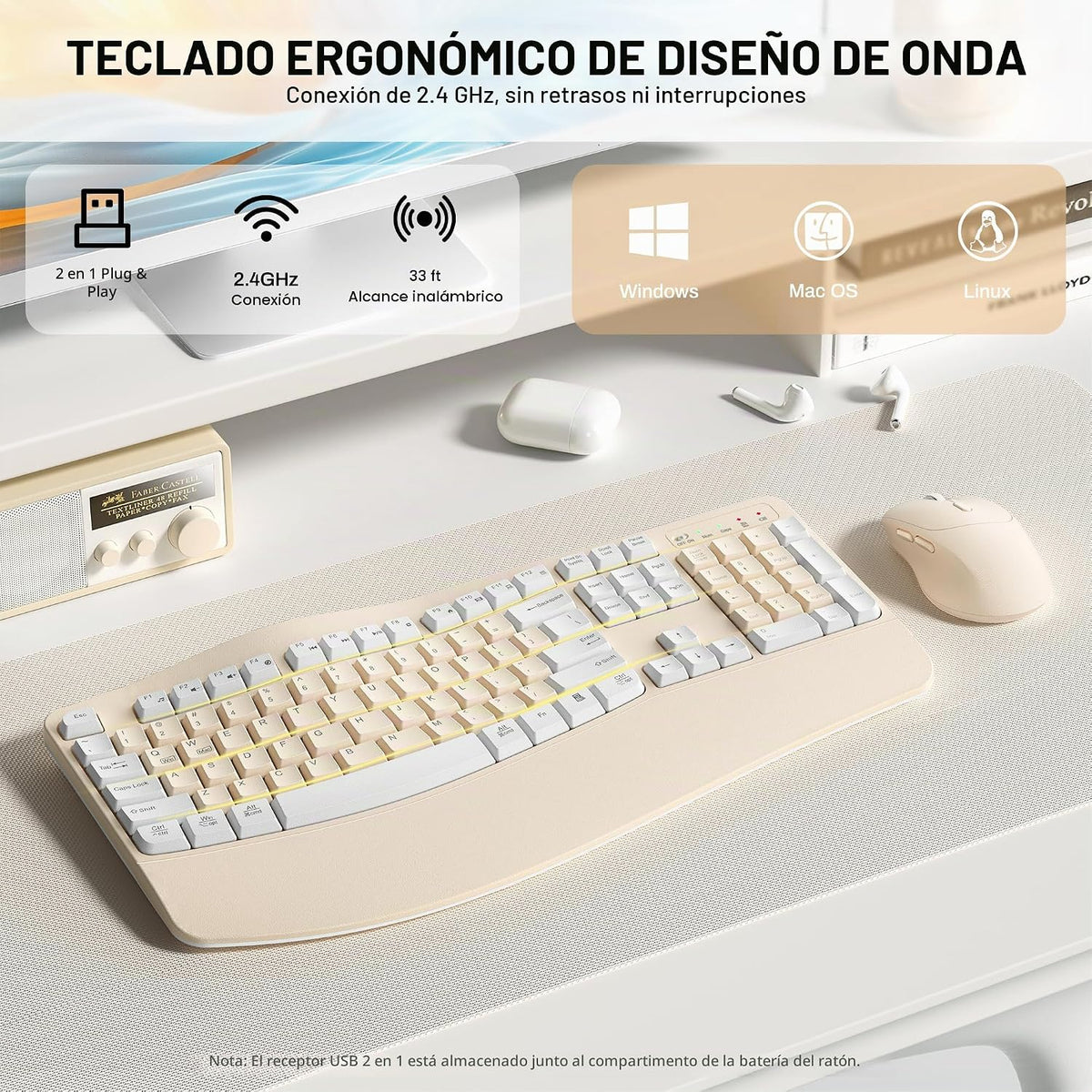 Combo ergonómico de teclado y mouse inalámbricos, teclado Wave Keys...