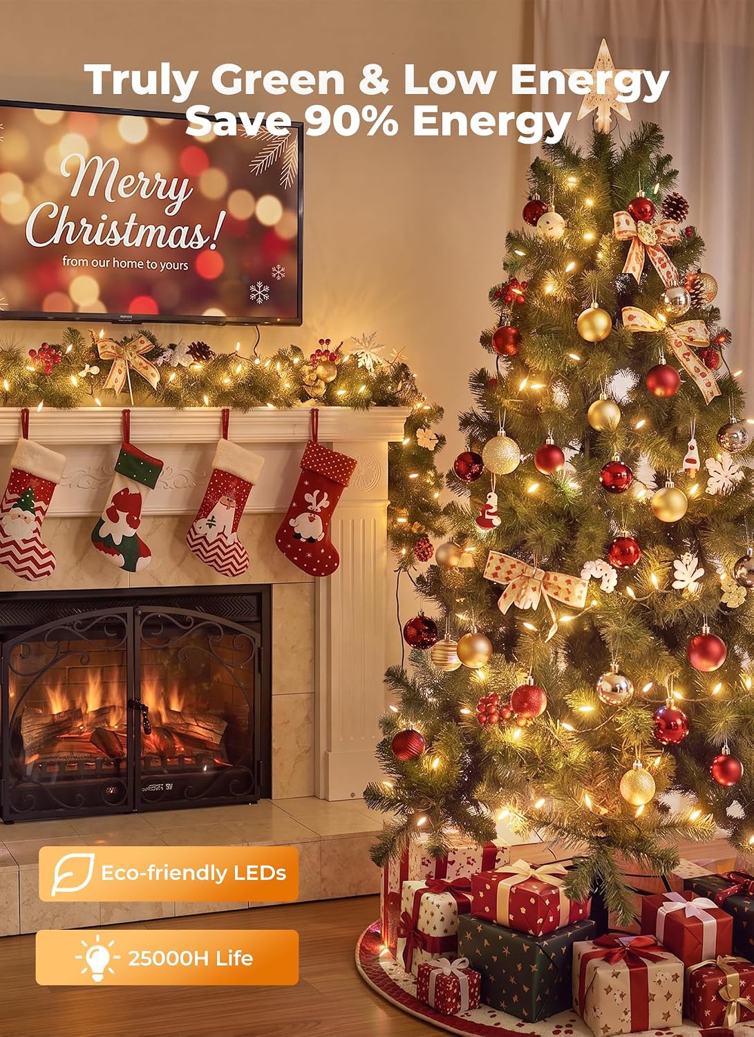 Brightown Luces de árbol de Navidad, 108 pies, 300 luces LED transp...
