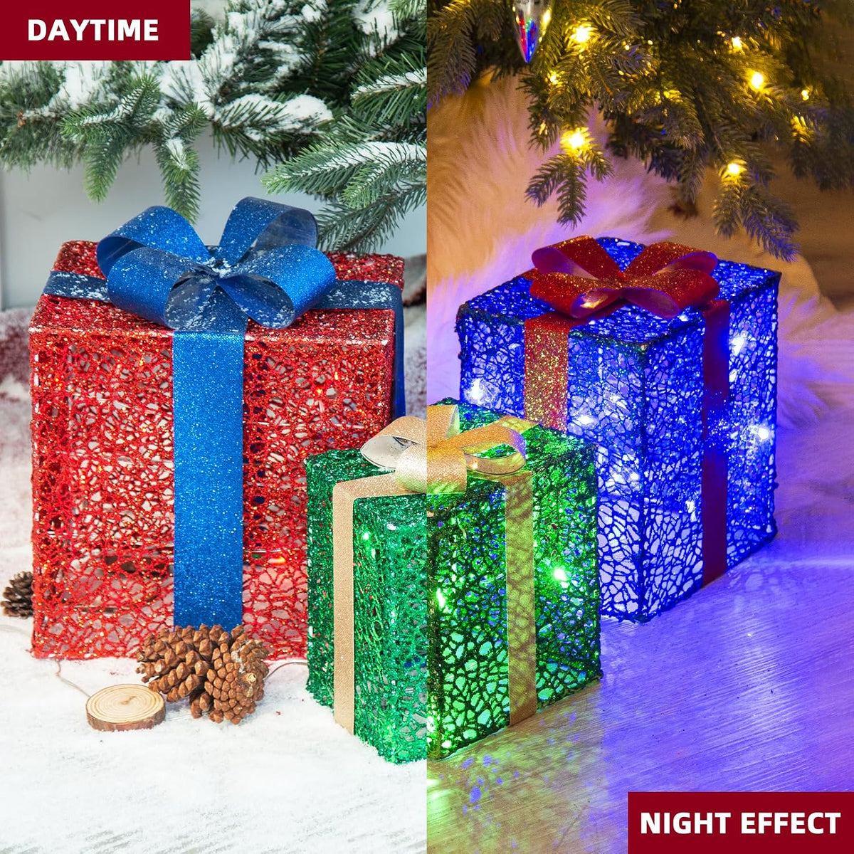 PEIDUO Cajas de regalo iluminadas de Navidad, juego de 3, decoracio...