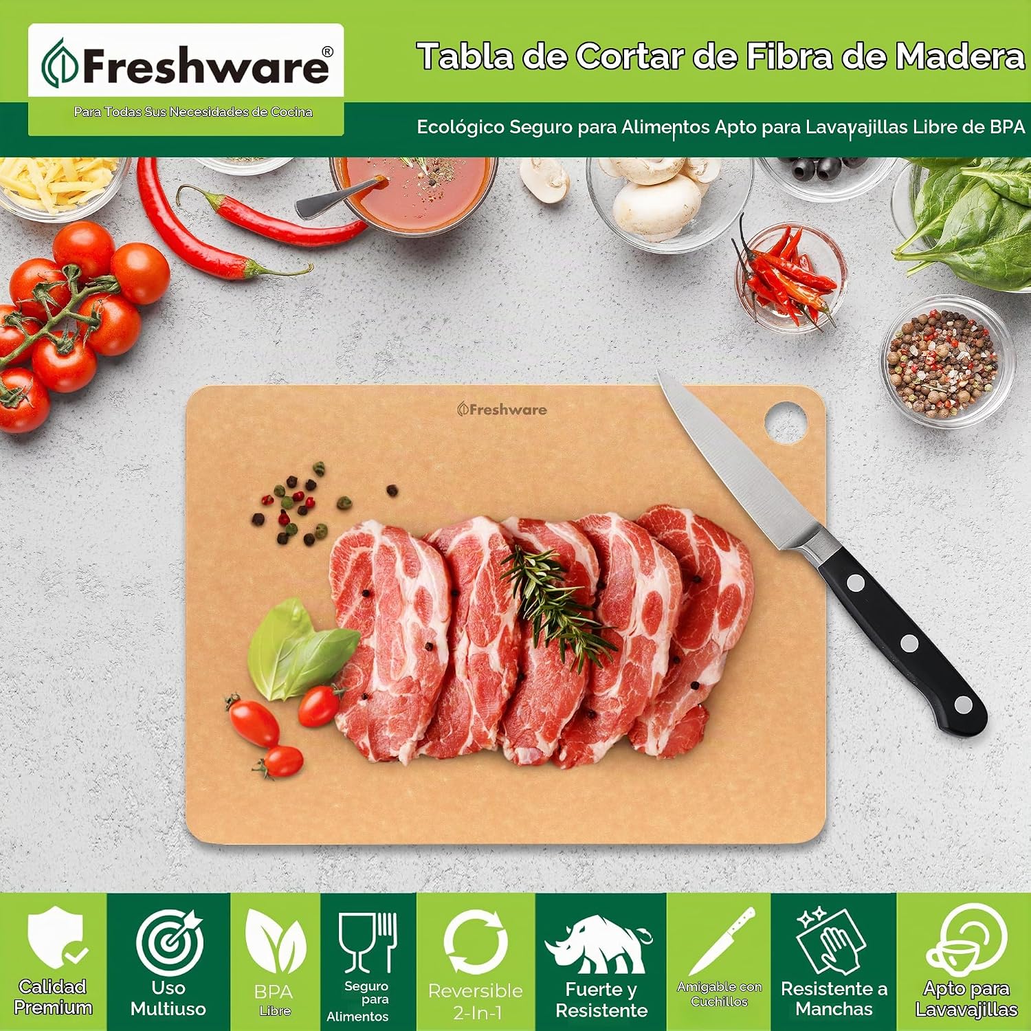 Freshware Tabla de cortar de madera para cocina, apta para lavavaji...