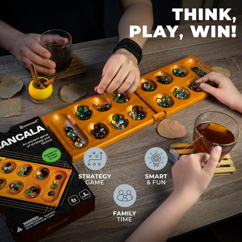 Mancala - Juego de mesa con bloqueo magnético, juego plegable clásico para 2 jugadores, juego de mancala de madera con 56 guijarros de cristal, juego de Mancala para niños y adultos
