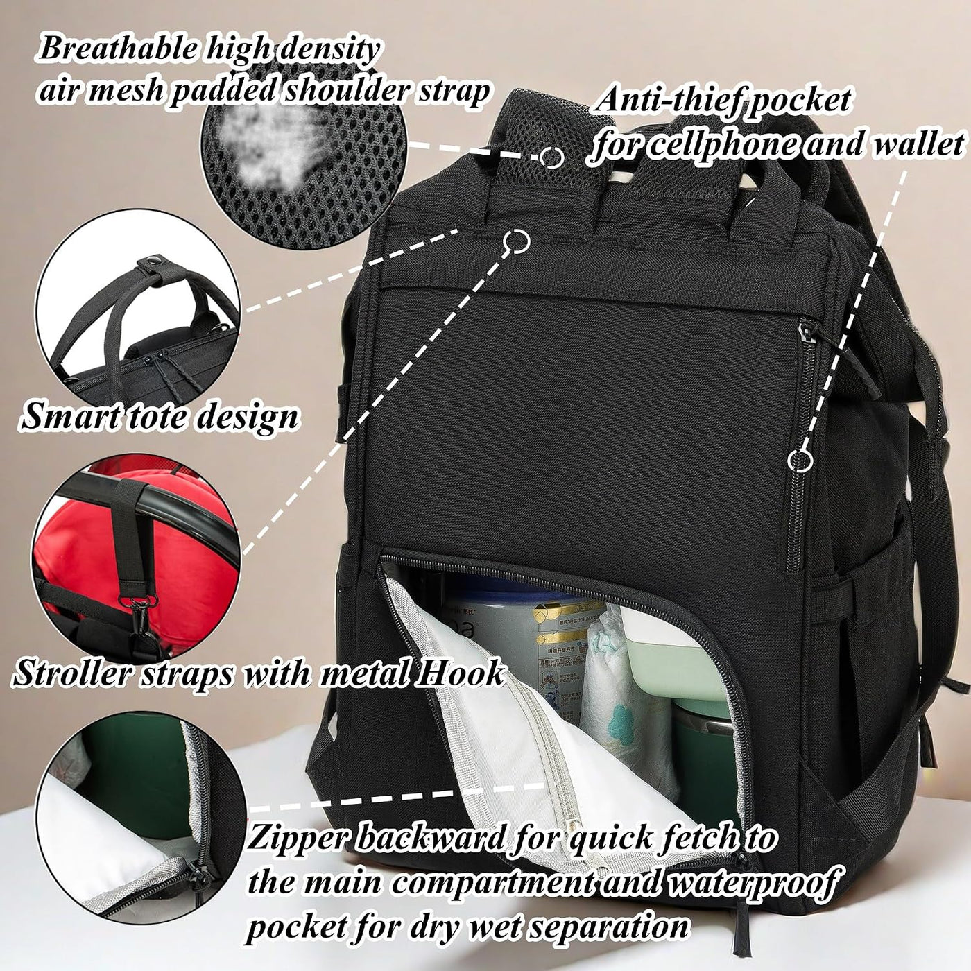 QWREOIA Mochila para pañales para papá y mamá con puerto de carga U...