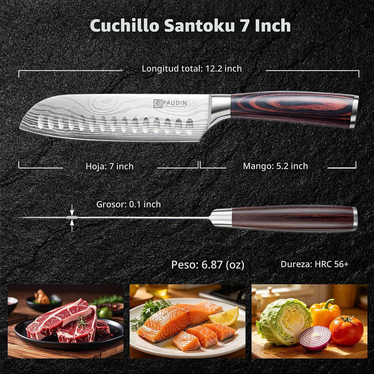 PAUDIN Cuchillo Santoku, Cuchillo de Cocina de 7 Pulgadas, Filo Ult...