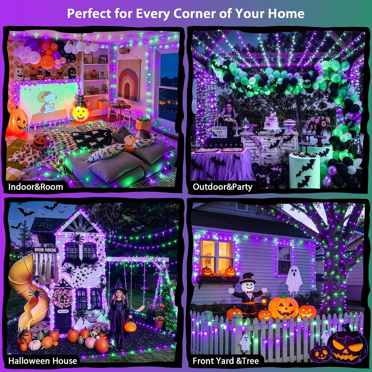 JMEXSUSS 200 luces LED moradas y verdes de Halloween para interiore...