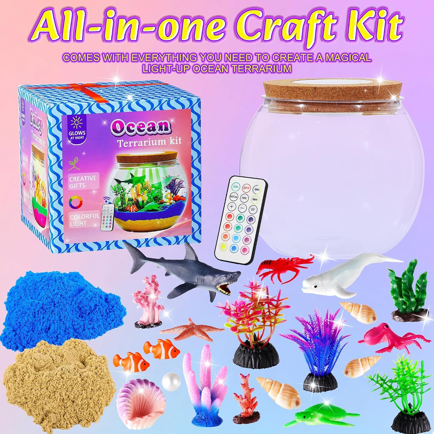 Hannstar Ocean Terrarium Kit para niños – Iluminado DIY Shark Sea A...