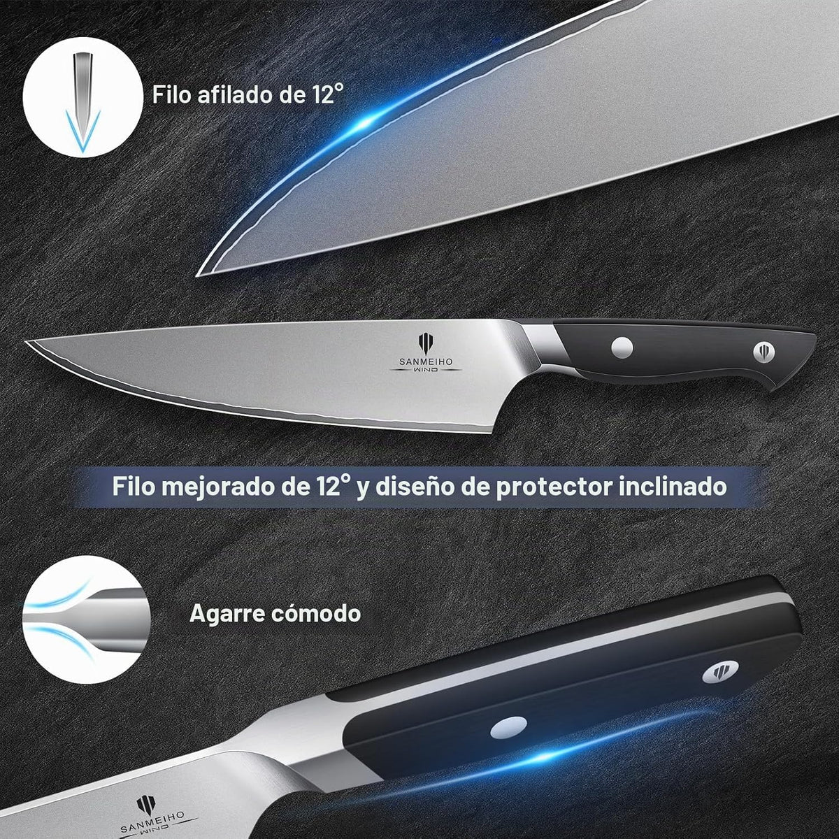 SANMEIHO Juego de 10 cuchillos de cocina japoneses, aptos para lava...