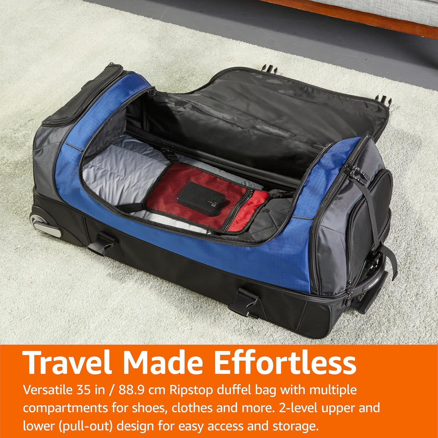 Amazon Basics - Bolsa de viaje con ruedas de Ripstop, Azul