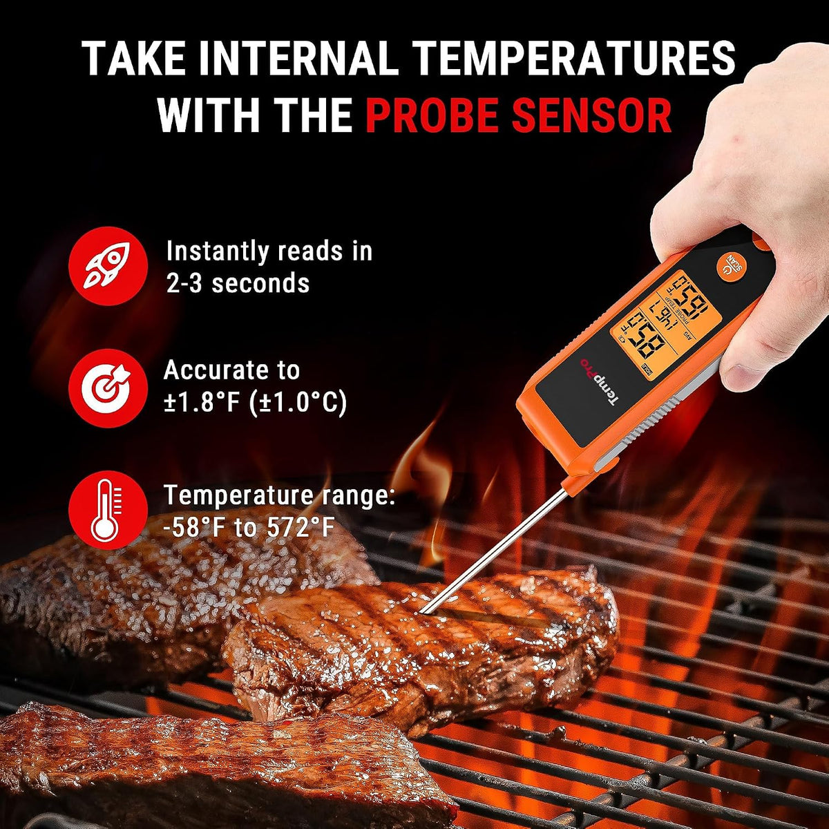 TempPro TempScan Termómetro infrarrojo 2 en 1 con sonda para carne...