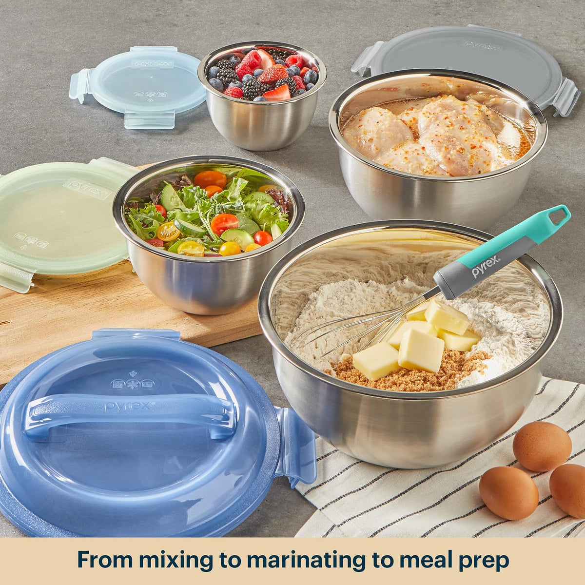 Pyrex Paquete de 4 cuencos de metal de acero inoxidable con tapas |...