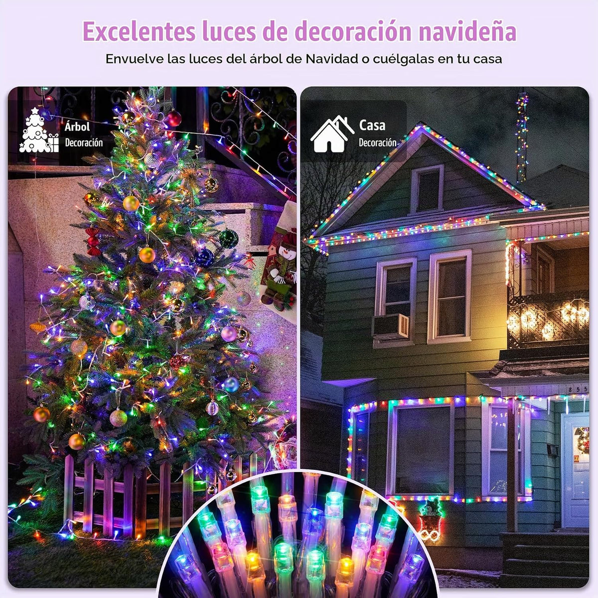 JMEXSUSS 300 luces LED multicolor para árbol de Navidad, cable tran...