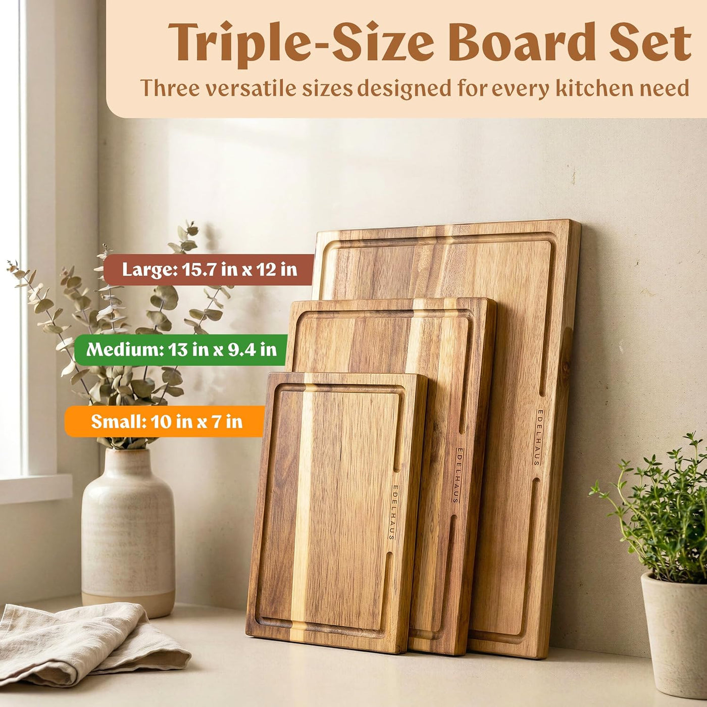 EDELHAUS Tablas de cortar de madera de acacia para cocina, juego de...