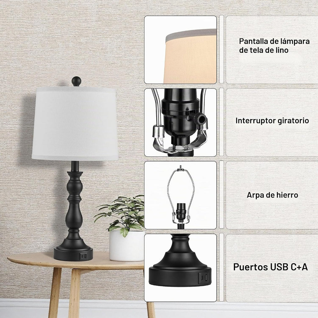 Leasgy Juego de 2 lámparas de mesa negras, lámparas negras para dor...
