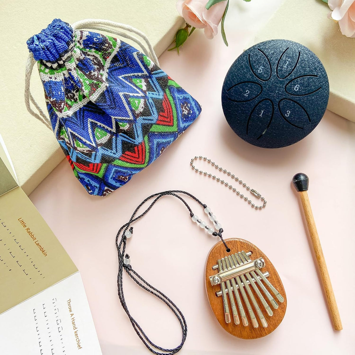 Jongdari Mini tambor de lluvia y piano de pulgar Kalimba, 2 mini in...