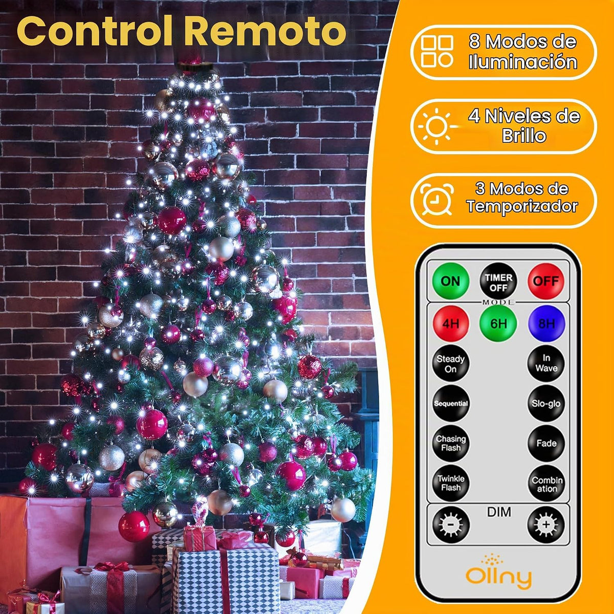 Ollny Luces de árbol de Navidad de 8.2 pies x 16 cuerdas con anillo...
