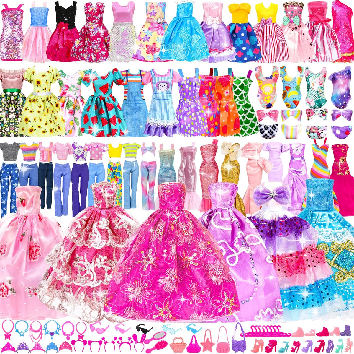138 piezas de ropa y accesorios para muñecas, 5 vestidos de boda, 9...