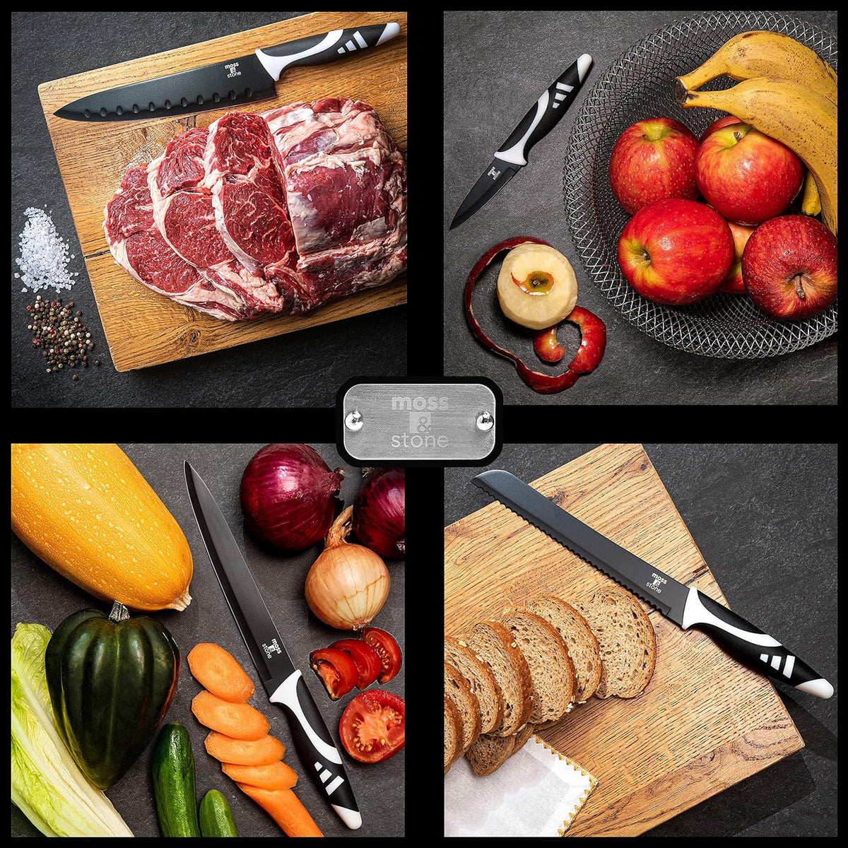 Moss &amp; Stone Juego de cuchillos de cocina de 7 piezas con bloqu...